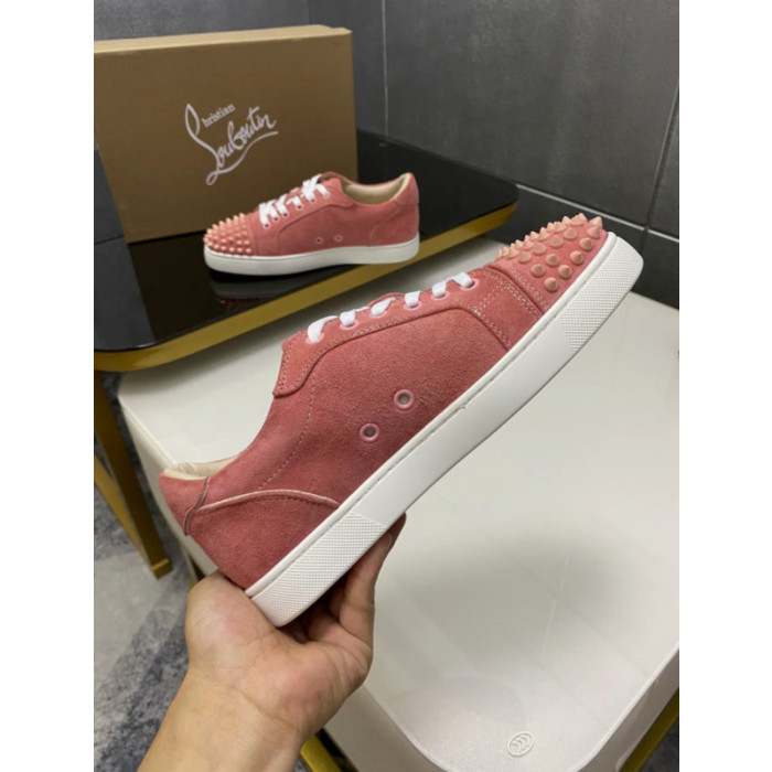 Christian Louboutin Dusty Pink Suede Spike‑Toe Low‑Top Sneakers