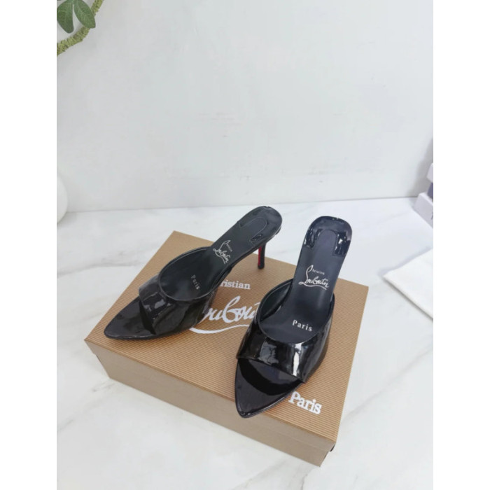 Christian Louboutin Black Patent 100mm Pointed‑Toe Heel Mule Sandals