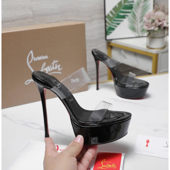 Christian Louboutin Black Patent PVC Strap Platform Stiletto Heel Mules