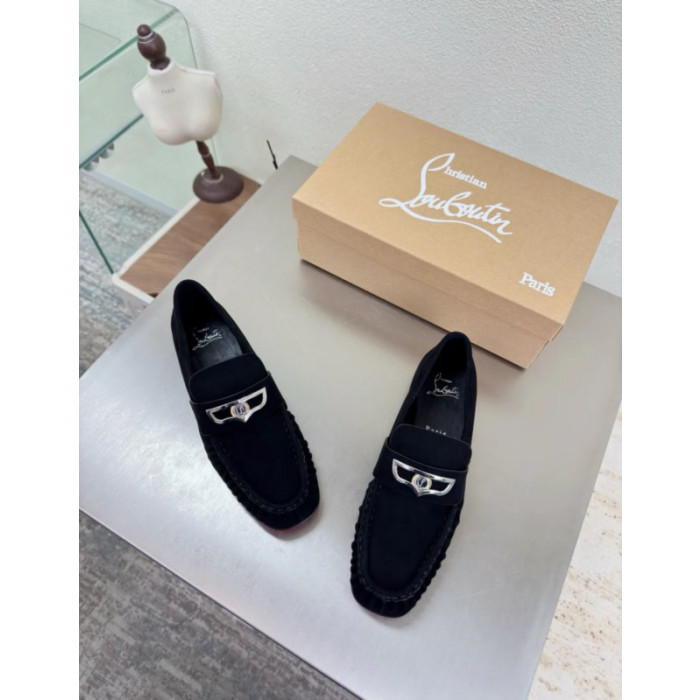 Christian Louboutin Black Suede Metal Ornament Slip‑On Loafers