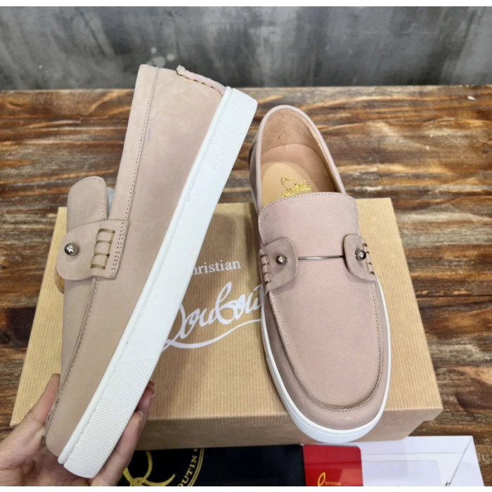 Christian Louboutin Nude Nubuck Metal‑Stud Slip‑On Loafers