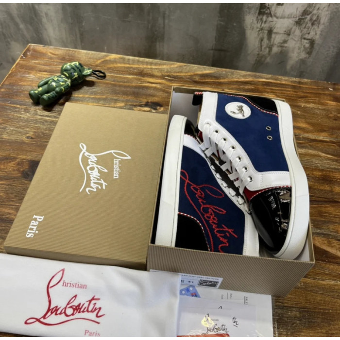 Christian Louboutin Navy Canvas Embroidered Color‑Block High‑Top Sneakers