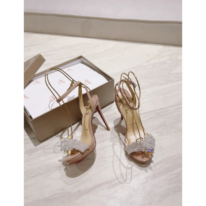 Christian Louboutin Nude Patent 120mm Crystal Flower Platform Stiletto Sandals