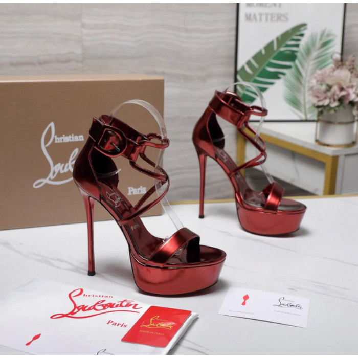 Christian Louboutin Metallic Burgundy Platform Ankle‑Strap Stiletto Heel Sandals