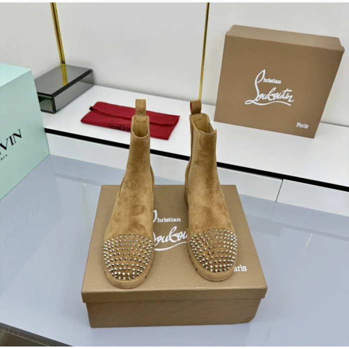 Christian Louboutin Tan Suede Stud‑Cap Chelsea Ankle Boots