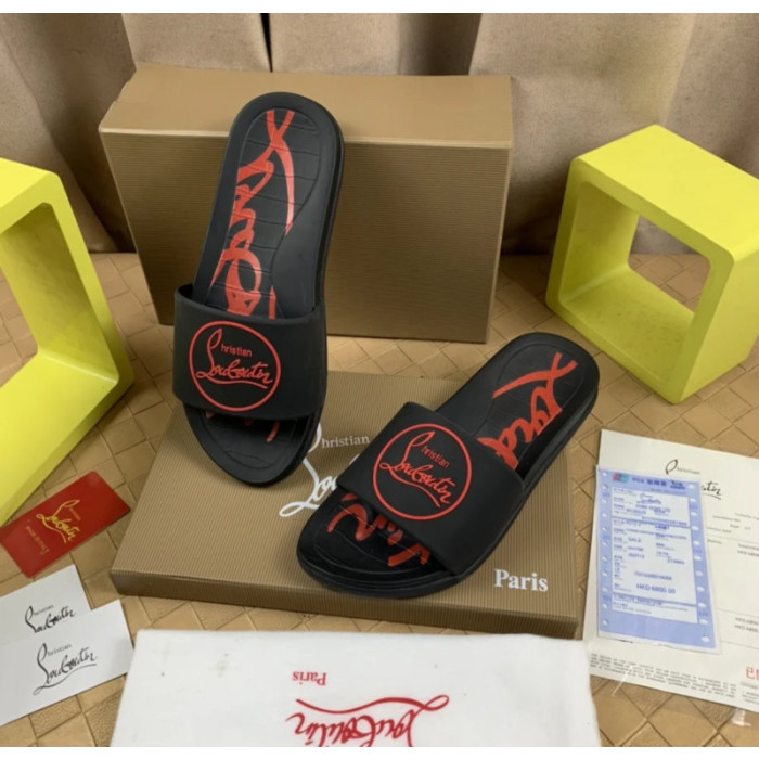 Christian Louboutin Black Rubber Slide Sandals Red Circular Logo Print