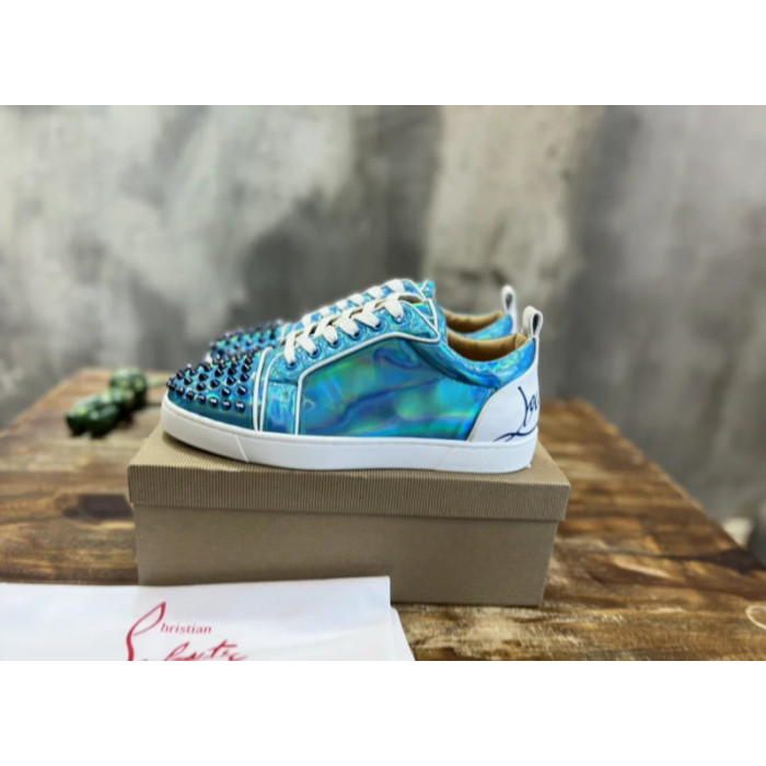 Christian Louboutin Holographic Blue Black‑Spiked Low‑Top Sneakers