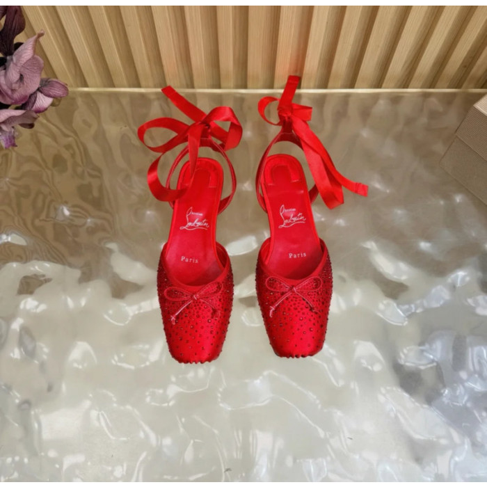 Christian Louboutin Red Satin Crystal‑Embellished Ankle‑Tie Ballet Flats