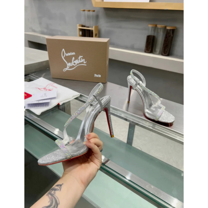 Christian Louboutin Silver Glitter Crystal‑Embellished 100mm heel Sandal