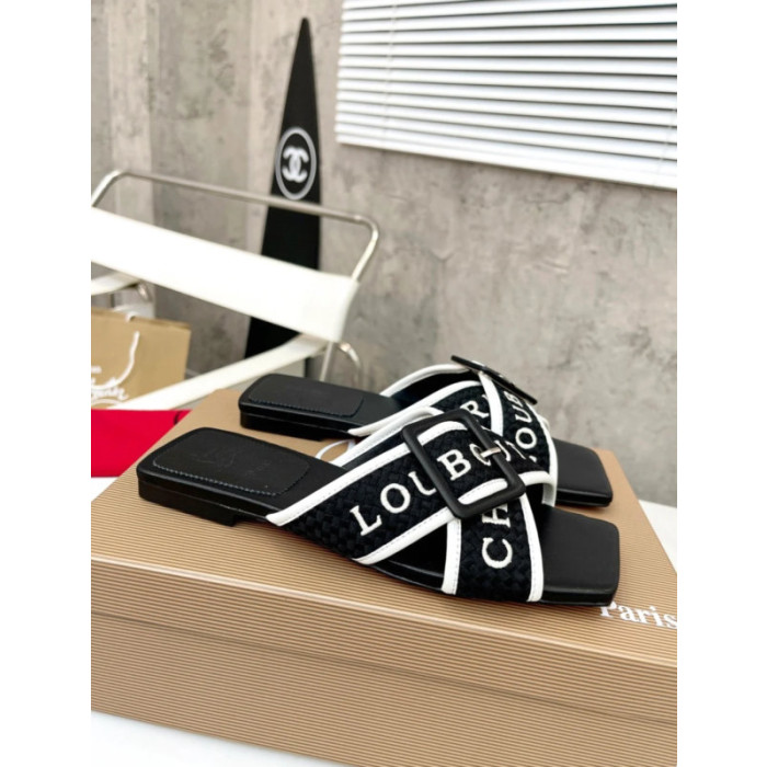 Christian Louboutin Black Woven Flat Slide Sandals