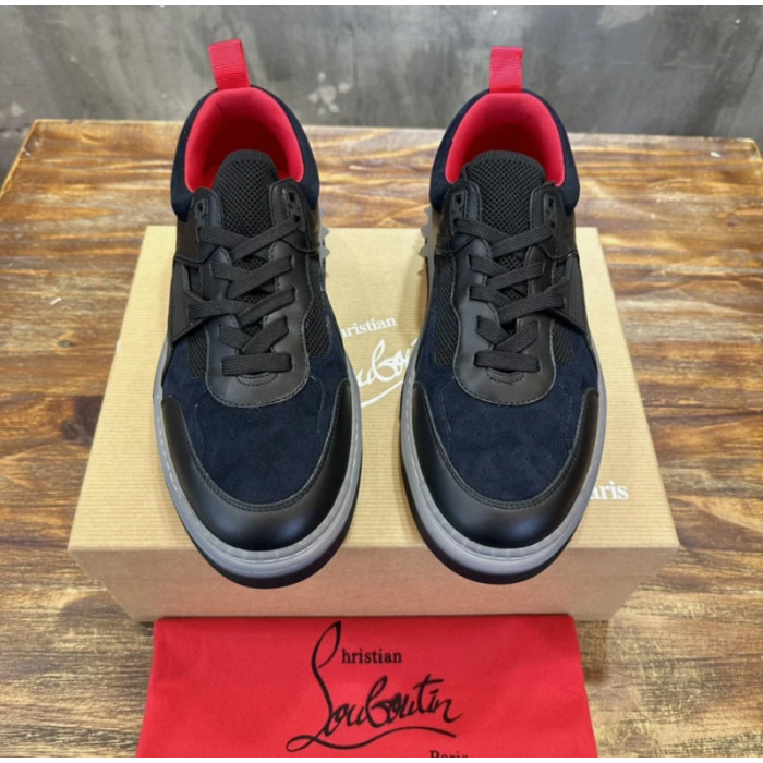 Christian Louboutin Navy‑Black Suede Mesh Spiked Platform Low‑Top Sneakers