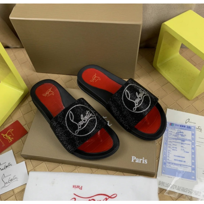 Christian Louboutin Black Crystal Slide Sandals Silver Rhinestone Circular Logo