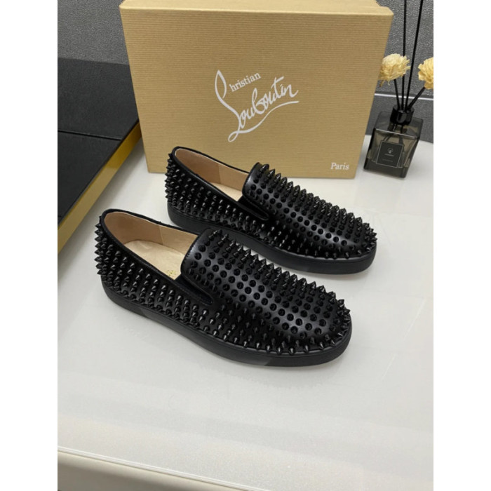 Christian Louboutin Black Leather All‑Over Spiked Slip‑On Loafers