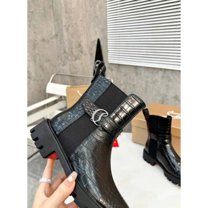 Christian Louboutin Black Croc‑Embossed CL‑Buckle Chelsea Lug‑Sole Ankle Boots