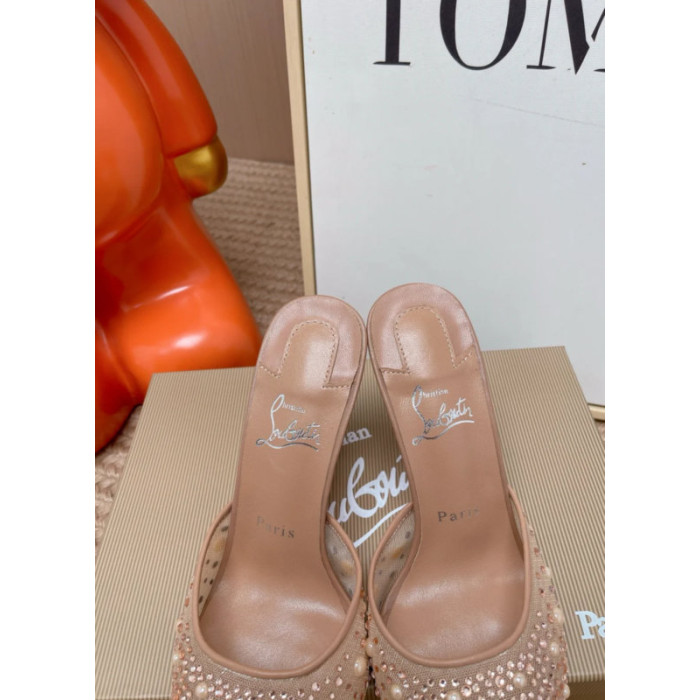 Christian Louboutin Nude Mesh Pearl Crystal‑Embellished 100mm Pointed‑Toe Stiletto Heel Mules