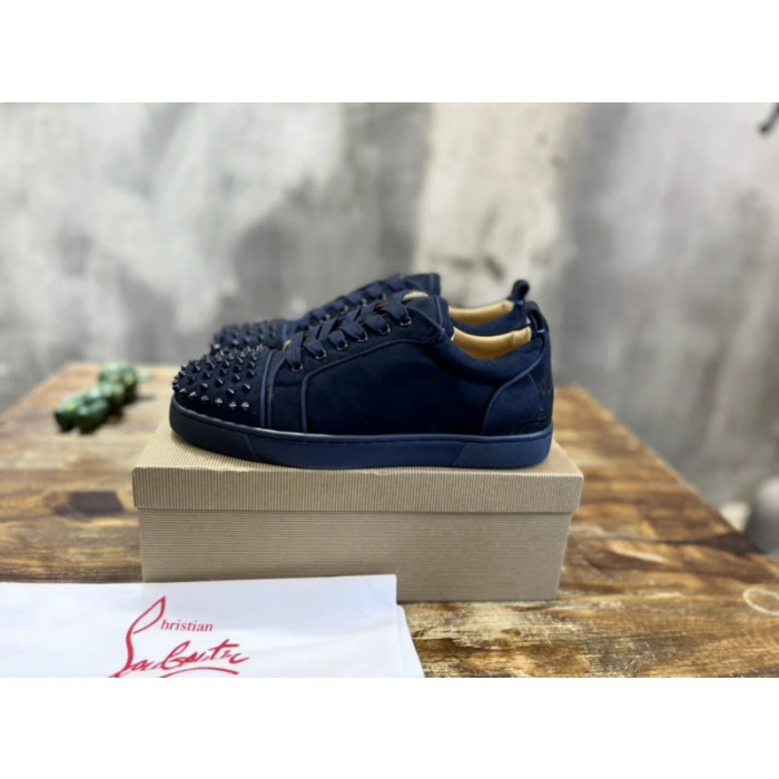 Christian Louboutin Navy Suede Black‑Spiked Low‑Top Sneakers
