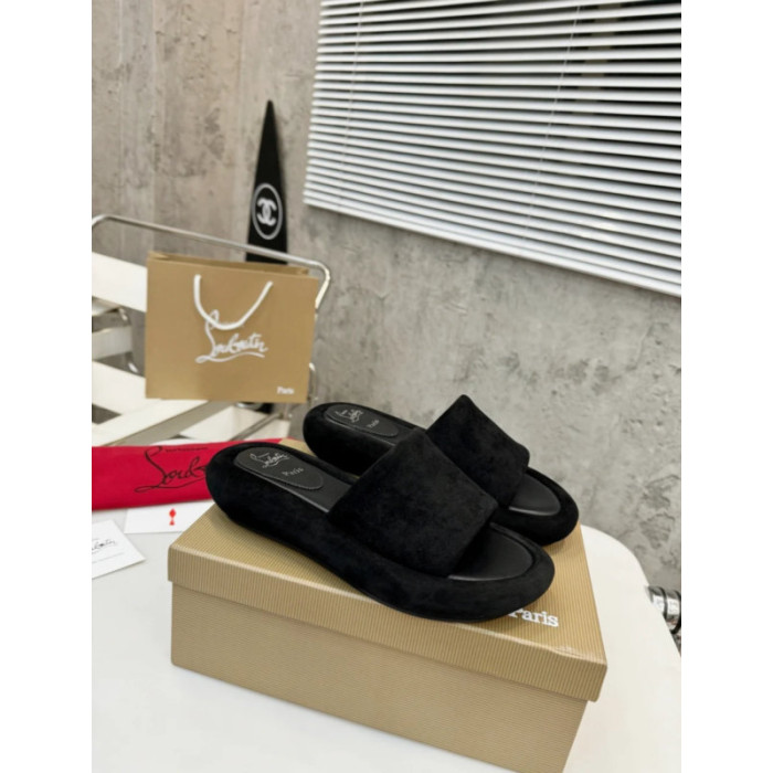 Christian Louboutin Black Suede Platform Flat Slide Sandal