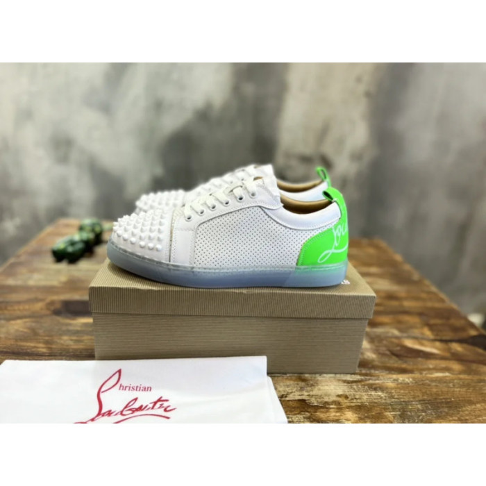 Christian Louboutin White Perforated Leather Green‑Accent White‑Spiked Low‑Top Sneakers