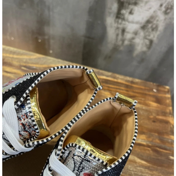 Christian Louboutin Graffiti‑Print Sequined Color‑Block High‑Top Sneakers