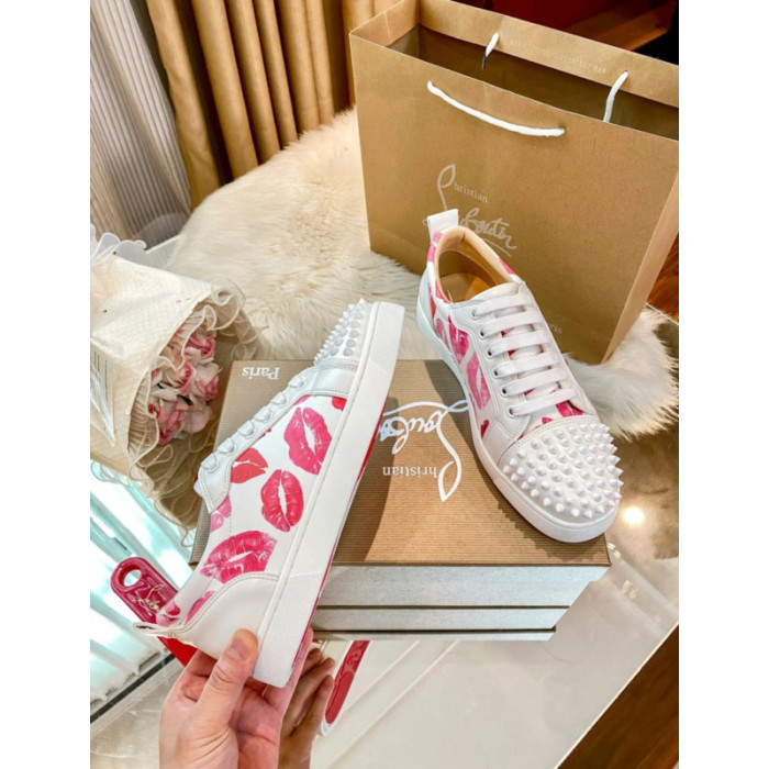 Christian Louboutin Lips‑Print Spiked Toe Low‑Top Lace‑Up Sneakers