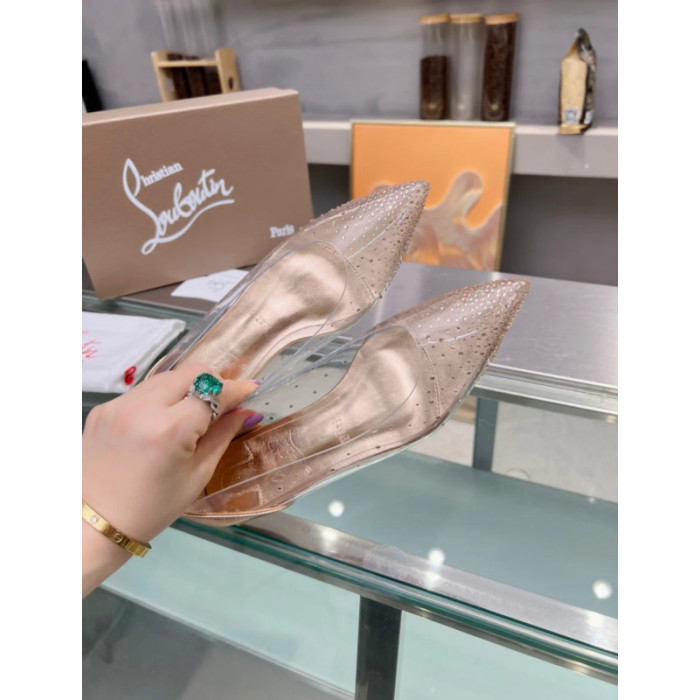 Christian Louboutin Clear PVC Gold Crystal Pointed‑Toe Flat Pumps