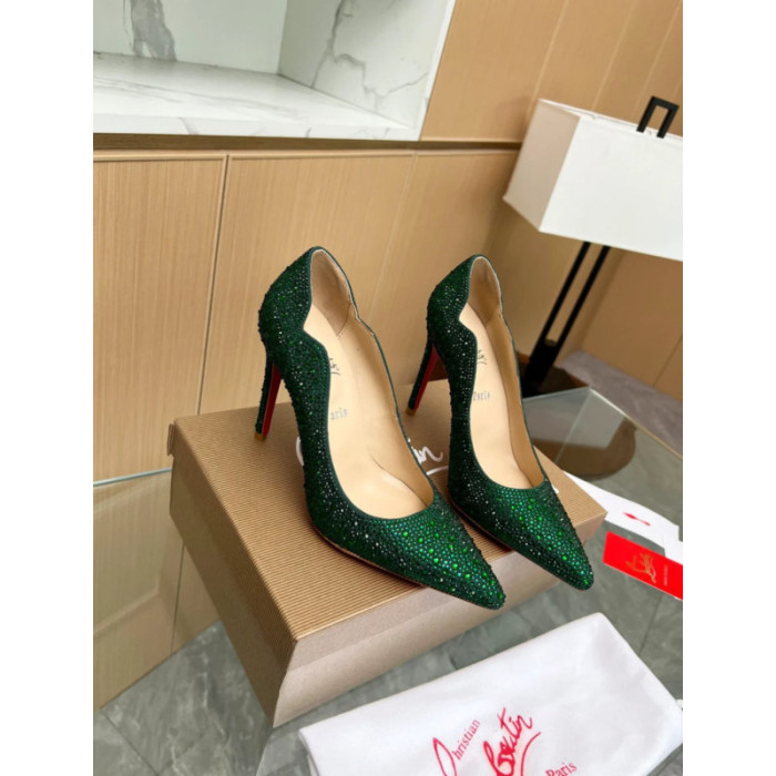 Christian Louboutin Emerald Green Crystal‑Encrusted Scalloped 100mm heel Pump