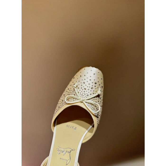 Christian Louboutin Gold Satin Crystal Tie‑Ankle Ballet Flats