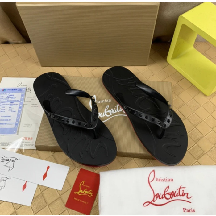Christian Louboutin Black Embossed‑Logo Studded Flip‑Flop Sandals