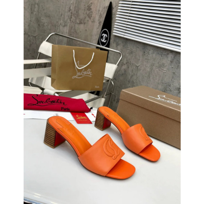 Christian Louboutin Orange Leather 55mm heel Block Heel Slide Sandal