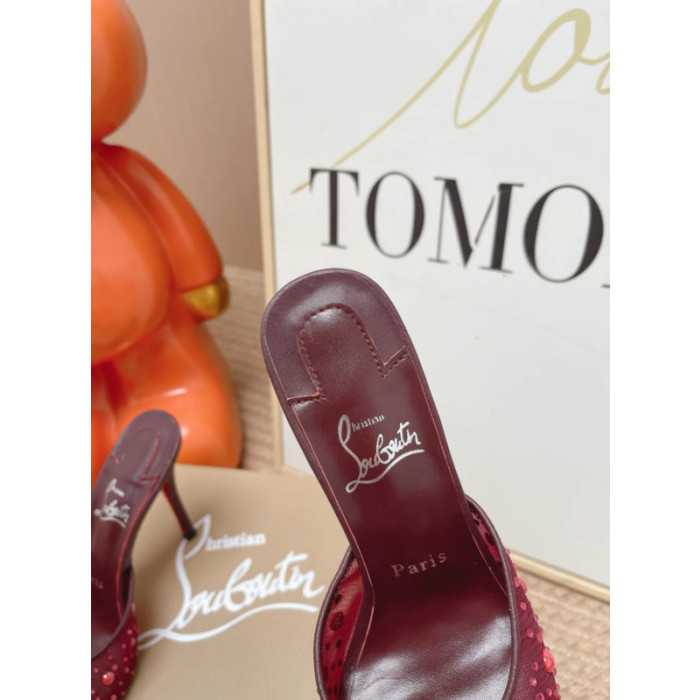 Christian Louboutin Burgundy Mesh Crystal‑Embellished 100mm Peep‑Toe Stiletto Heel Mules