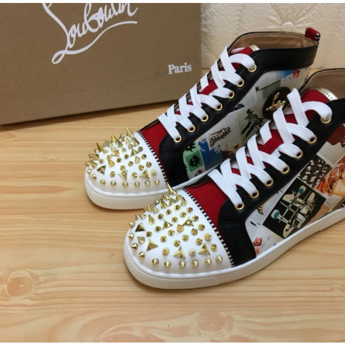 Christian Louboutin Printed Canvas Spiked‑Toe High‑Top Sneakers