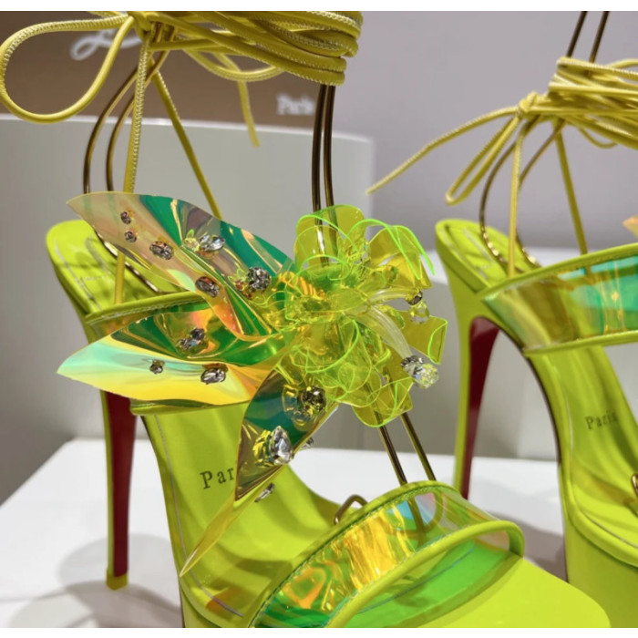 Christian Louboutin Neon Yellow Patent Iridescent Crystal‑Flower 150mm Platform Ankle‑Tie Sandals