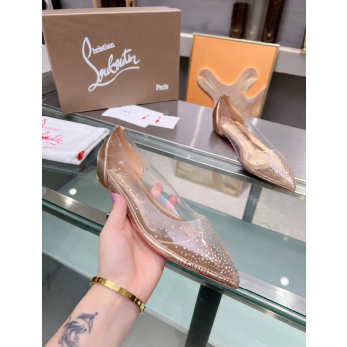 Christian Louboutin Clear PVC Gold Crystal Pointed‑Toe Flat Pumps