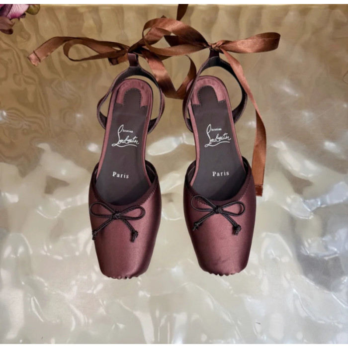 Christian Louboutin Brown Satin Bow Ankle‑Tie Slingback Ballet Flats