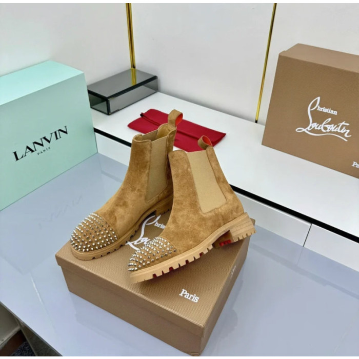 Christian Louboutin Tan Suede Stud‑Cap Chelsea Ankle Boots