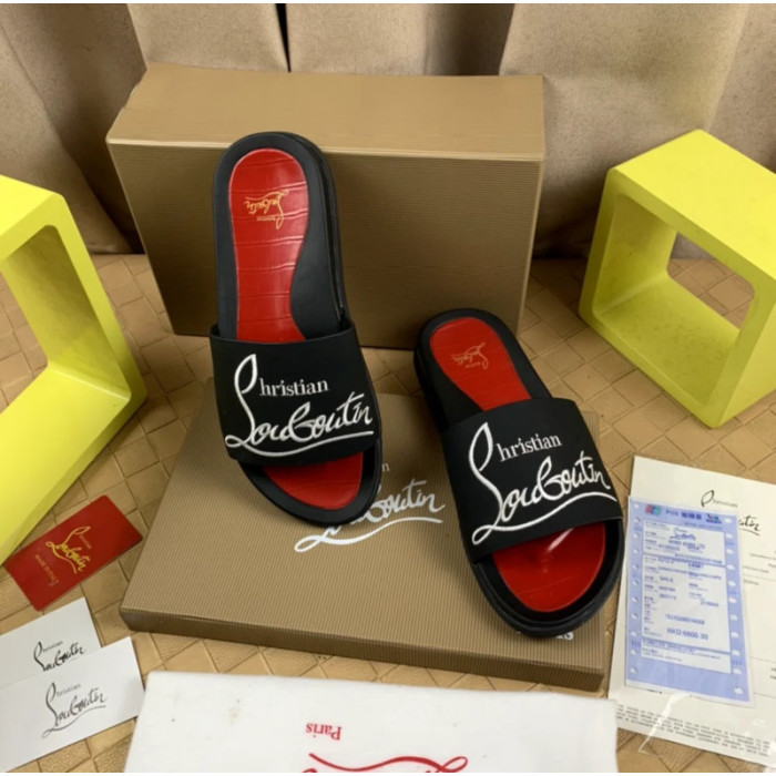 Christian Louboutin Black Rubber Slide Sandals White Signature Logo Print