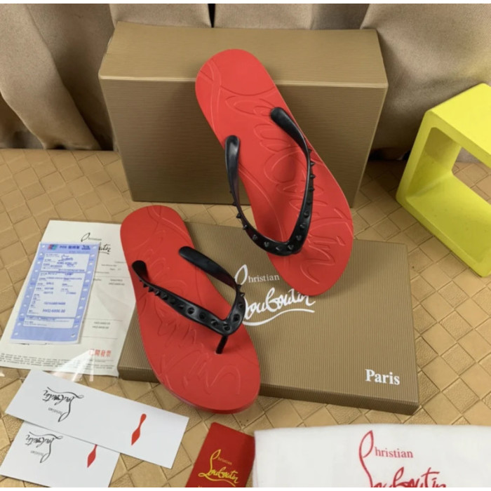 Christian Louboutin Red Embossed‑Logo Studded Flip‑Flop Sandals