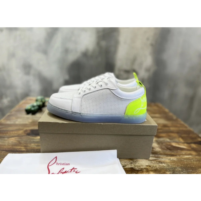 Christian Louboutin White Perforated Leather Fluorescent‑Yellow Accent Low‑Top Sneakers