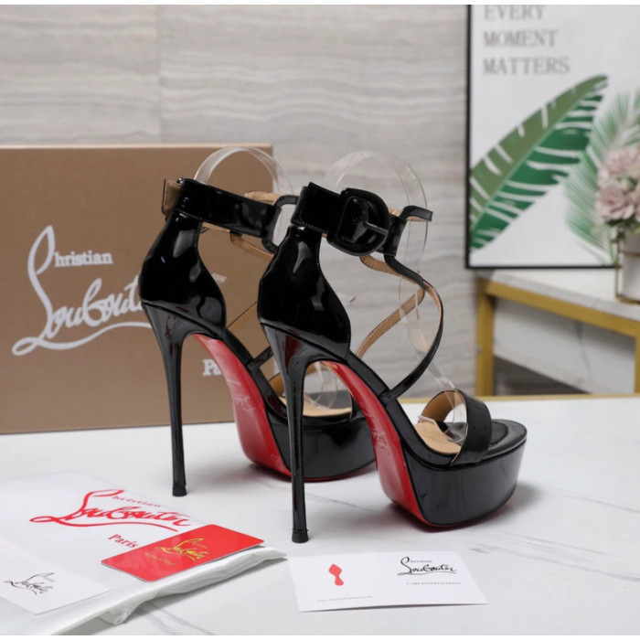 Christian Louboutin Black Patent 150mm Crisscross Ankle‑Strap Platform Heel Sandals