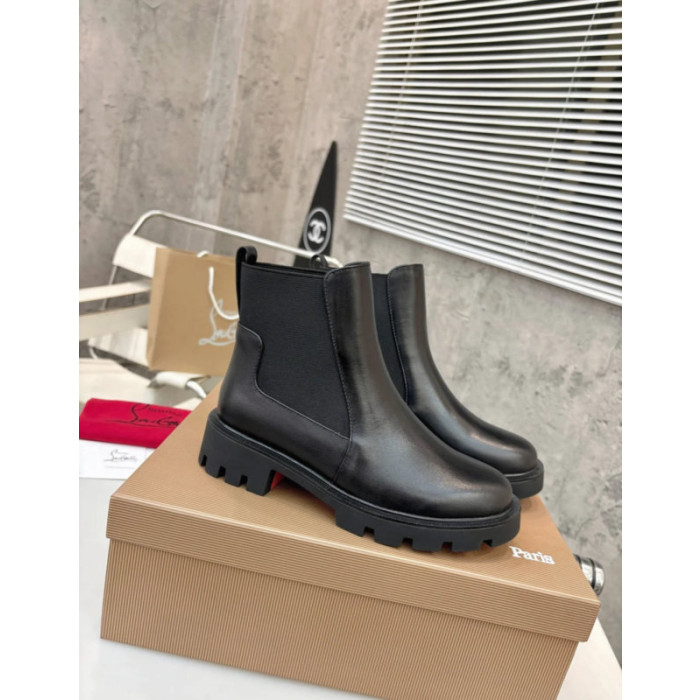 Christian Louboutin Black Smooth Leather Lug‑Sole Chelsea Ankle Boots