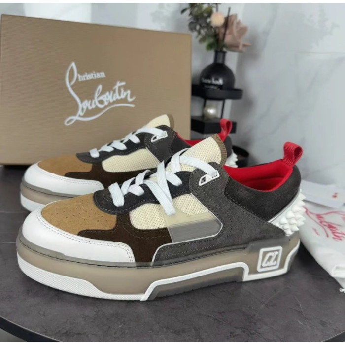 Christian Louboutin Brown‑White Suede‑Mesh Spiked Platform Lace‑Up Sneakers