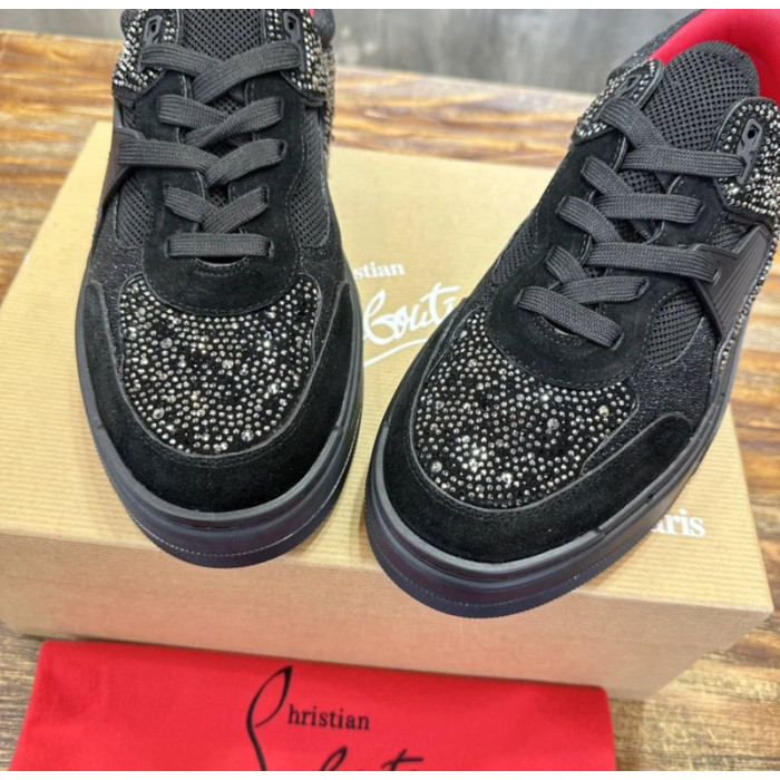 Christian Louboutin Black Suede Crystal Spiked Low‑Top Platform Sneakers