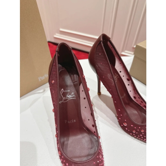 Christian Louboutin Burgundy Mesh Crystal 100mm Stiletto Heel Pumps