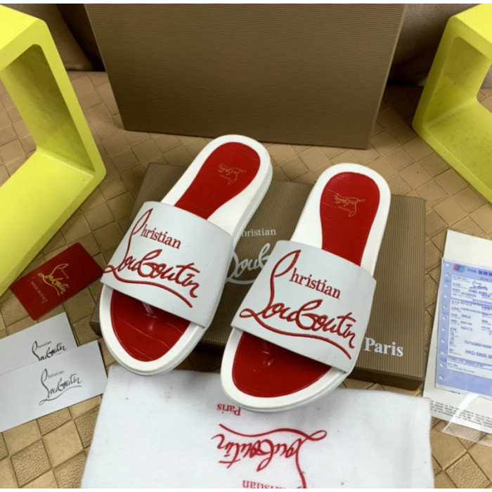 Christian Louboutin White Rubber Slide Sandals Red Signature Script Logo
