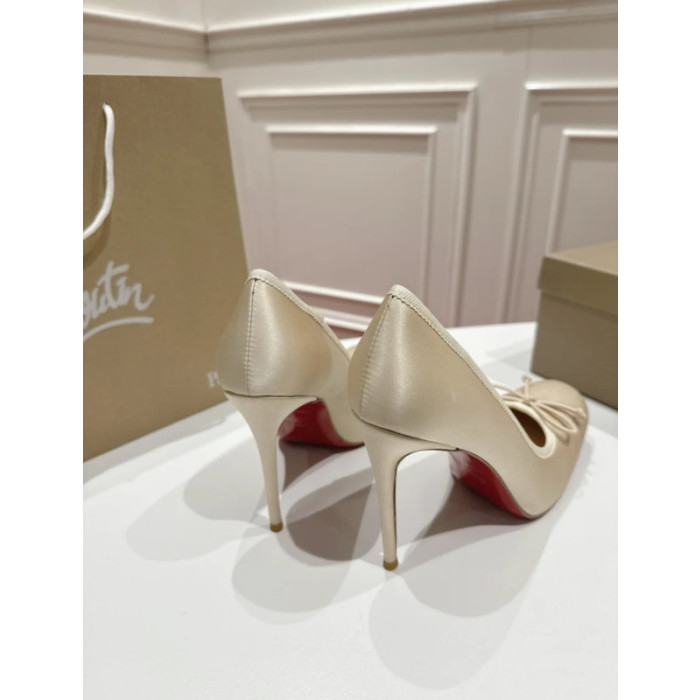 Christian Louboutin Ivory Satin Bow 100mm Square Toe Stiletto Pumps
