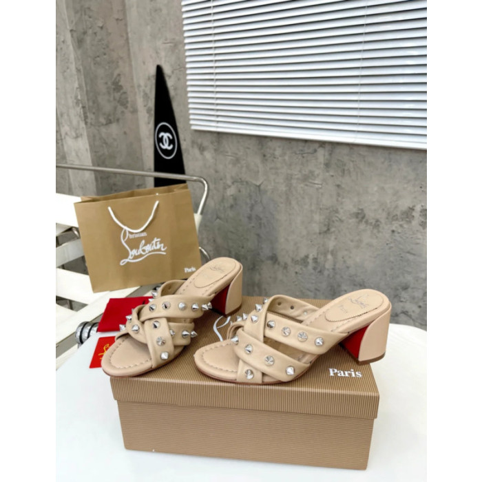 Christian Louboutin Beige Leather Studded 55mm heel Slide Sandals