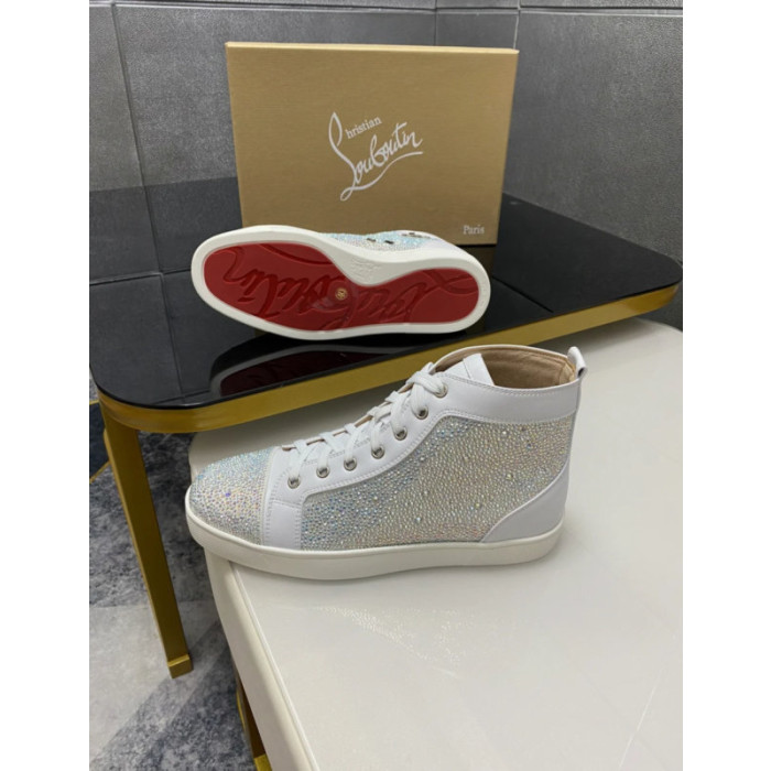 Christian Louboutin White Leather Crystal‑Embellished High‑Top Sneakers