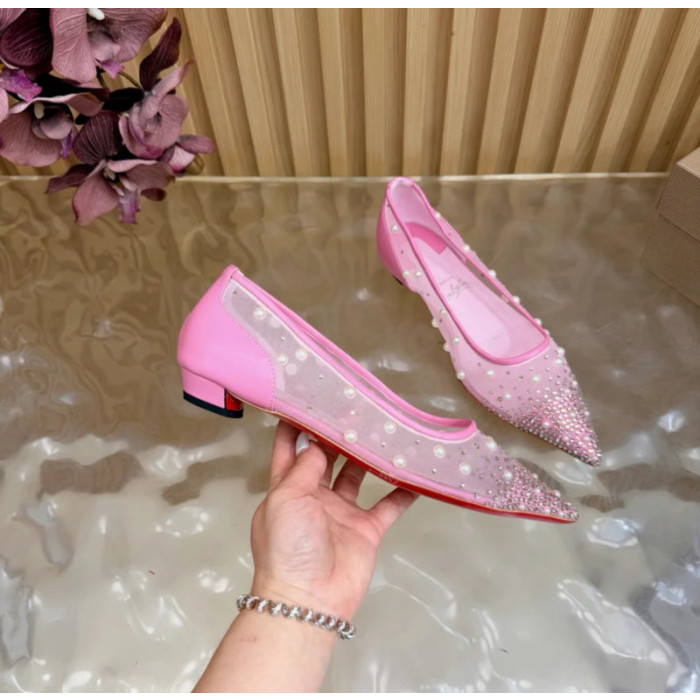 Christian Louboutin Pink Mesh Pearl Crystal‑Embellished Pointed‑Toe Flat Pumps