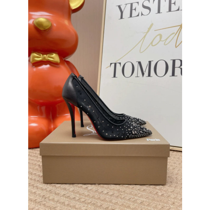 Christian Louboutin Black Mesh 100mm Mixed‑Crystal‑Embellished Pointed Toe Stiletto Heel Pumps