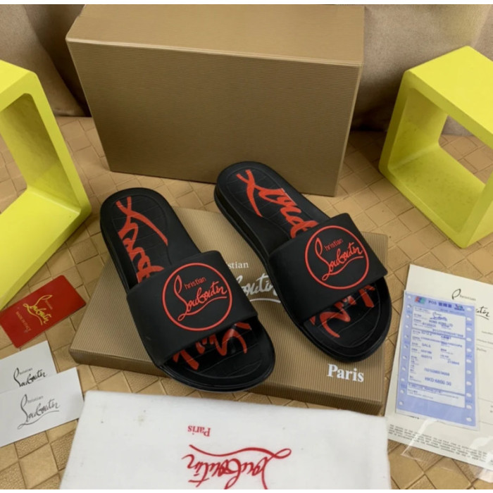 Christian Louboutin Black Rubber Slide Sandals Red Circular Logo Print